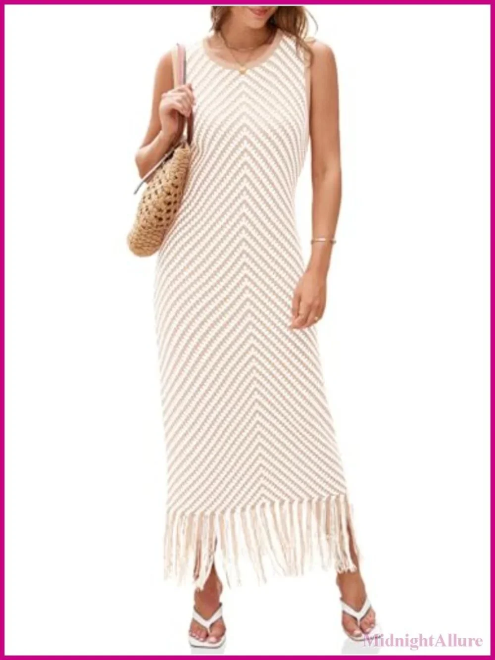 Crochet Knit Dress Sleeveless Casual Striped Tassel Tank Sweater Boho Maxi Dress